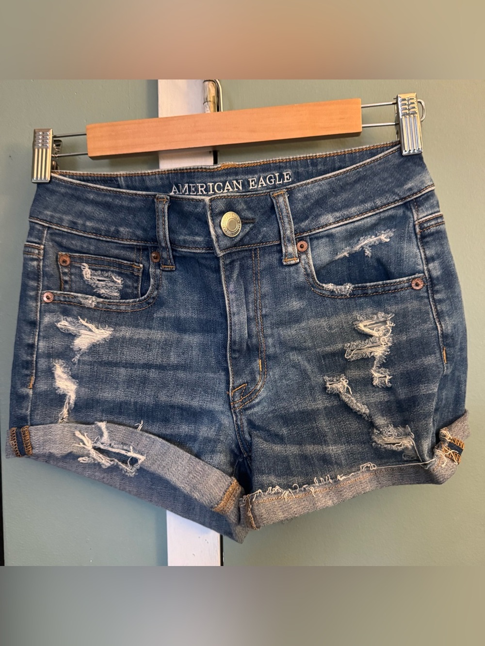 American Eagle Outfitters Blue Distressed Rolled-Hem Jean Shorts
